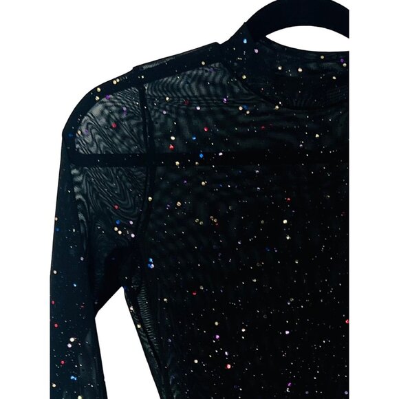 Lulus Black Sparkly Embellished Sheer Mesh Long-Sleeve Sexy Thong Bodysuit - Picture 13 of 15